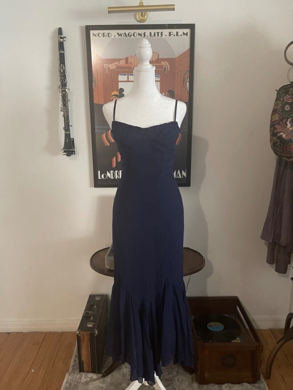Reformation Women’s Navy Maxi Pleated Hem Sheer Adjustable Strap Dress 0 Wedding